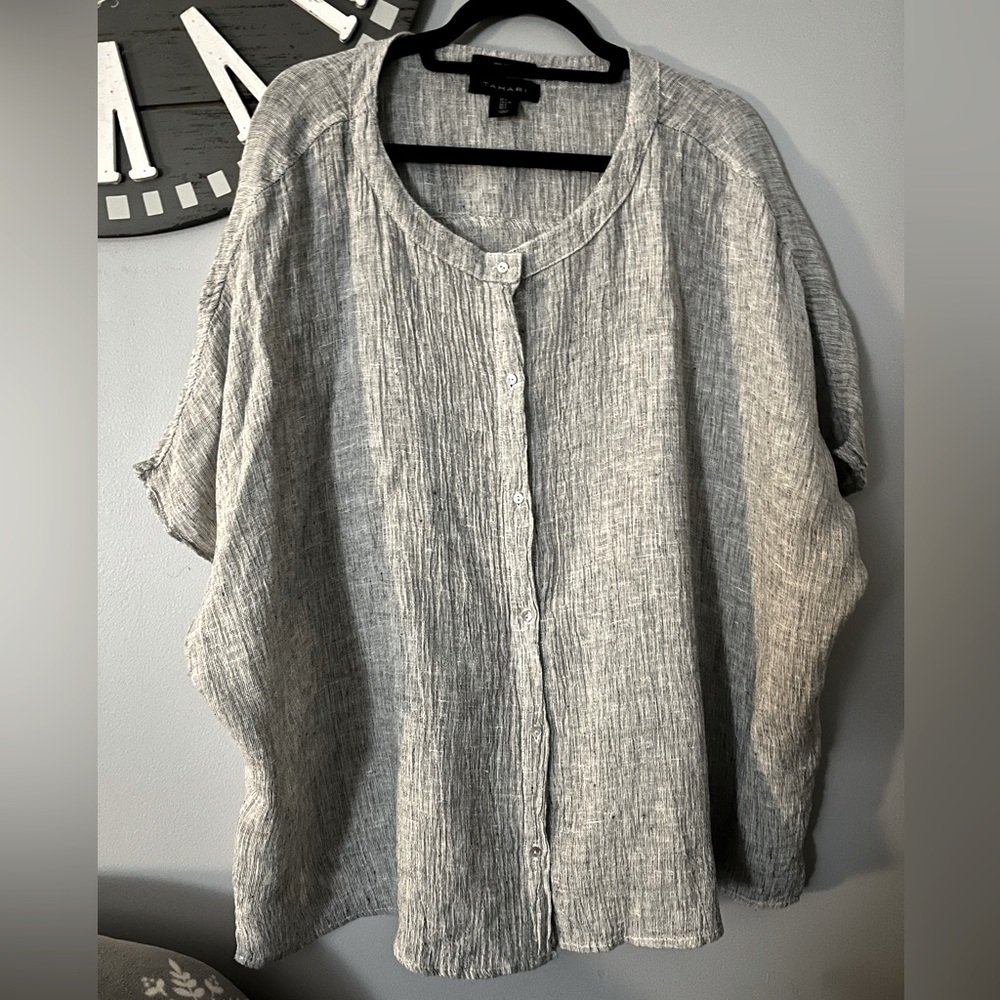- Tahari gray long button up oversized linen blouse size large